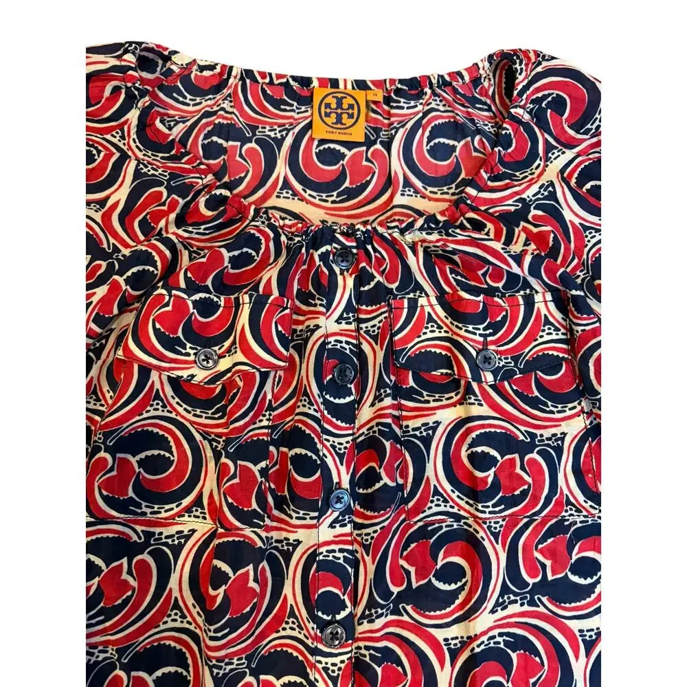 TORY BURCH Women's Abstract Button Down Blouse Sz 14 Red Blue Cotton Silk Blend